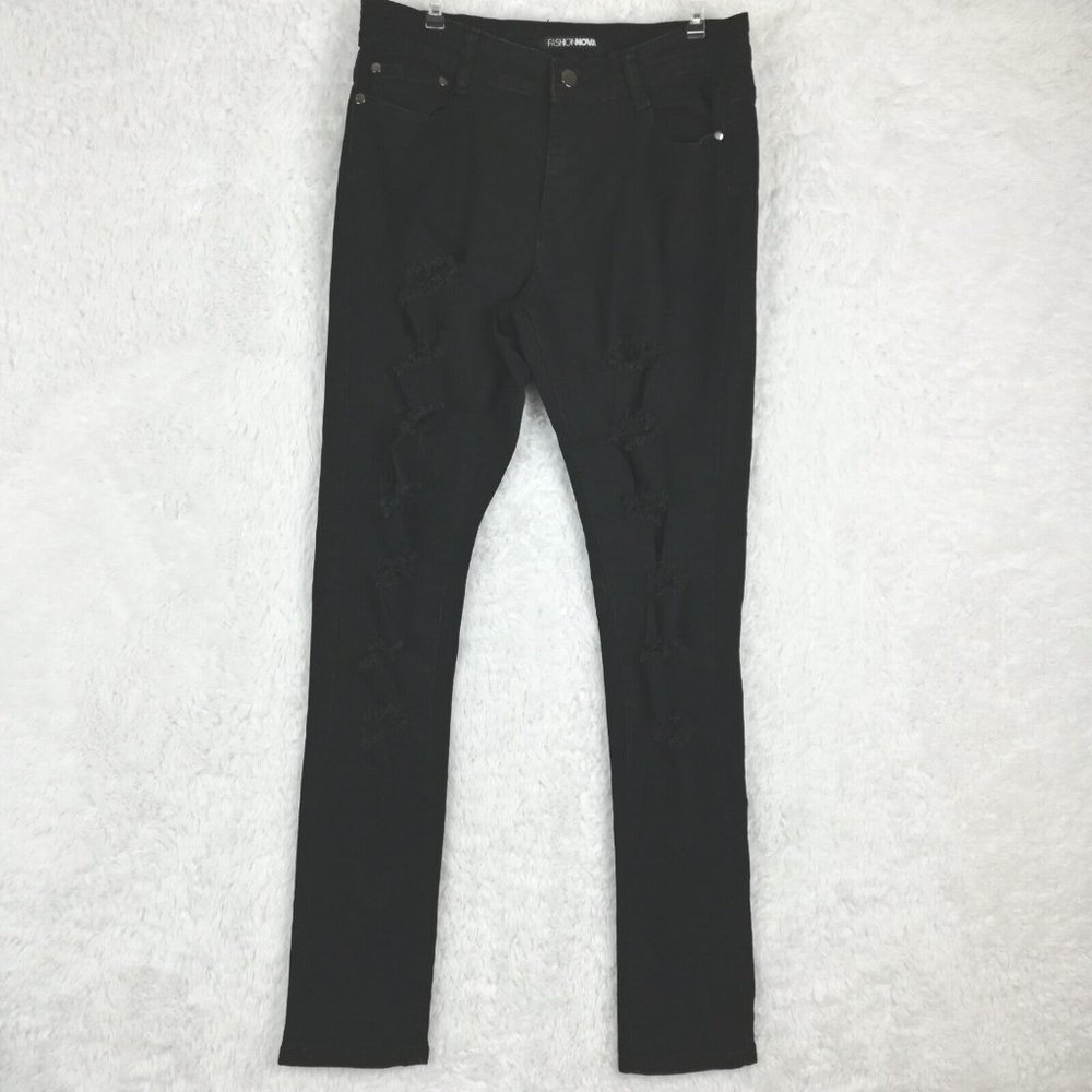 Fashion Nova Womens Jeans Skinny Denim‎ Black Ripped Mid Rise Stretch 14